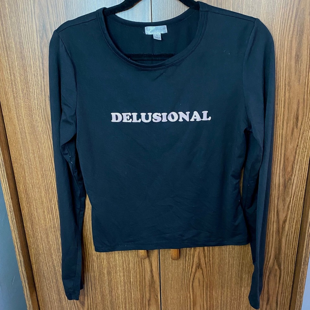 Orange Kiss Womens Large Black Delusional‎ Long Sleeve Crew Neck Shirt